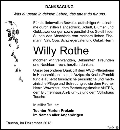 Traueranzeigen Von Willy Rothe Abschied Nehmen De