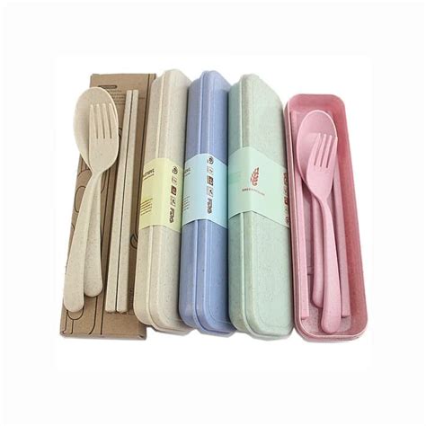 Jual Set Alat Makan Sendok Garpu Sumpit Wheat Straw Set Travel