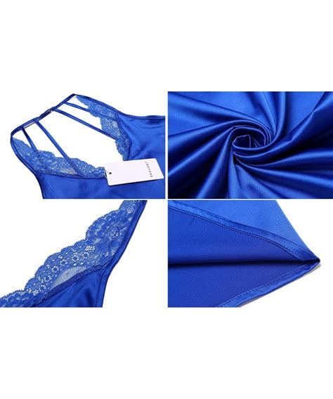 Womens Sexy Satin Slip Lingerie Chemise Nightgown Mini Babydoll Lace Trim Sleepwear Cobalt