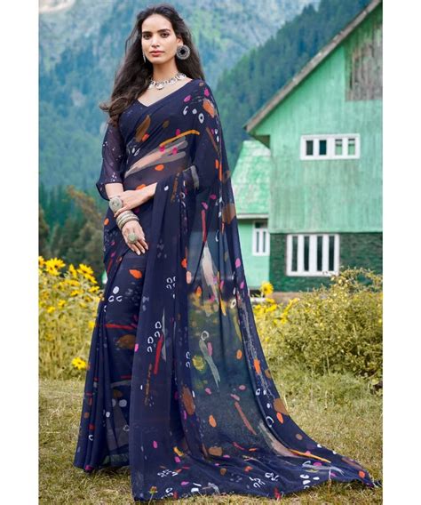 Blue Printed Georgette Saree With Blouse Roop Kashish 3351707