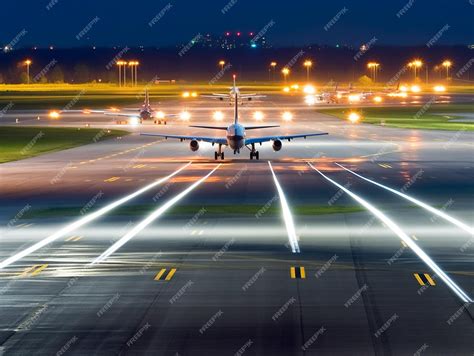 Premium AI Image | A plane is taking off from a runway at night.