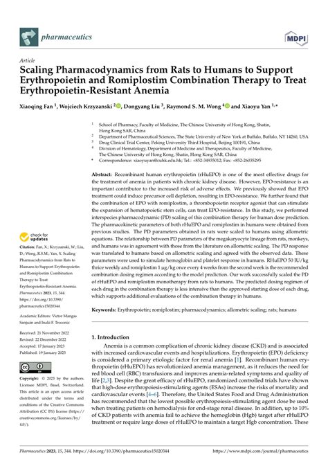 Pdf Scaling Pharmacodynamics From Rats To Humans To Support Erythropoietin And Romiplostim