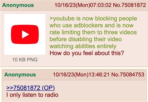 Anon On Youtube R Greentext Ad Blockers Are Not Allowed On