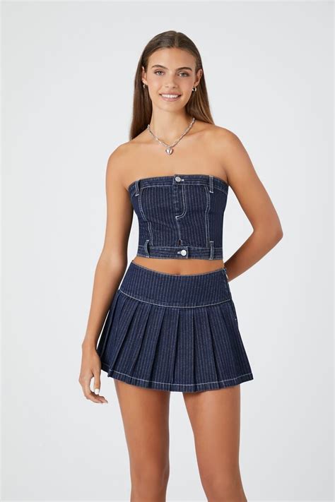 Striped Pleated Denim Mini Skirt