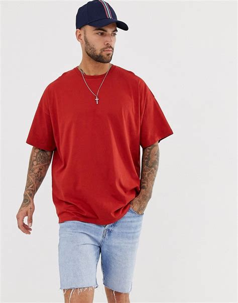 Asos Design Oversized T Shirt With Crew Neck In Red Modesens Sporty