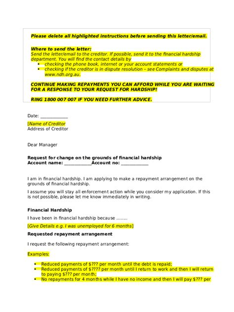 Financial Hardship Sample Letter To Creditor Doc Template Pdffiller