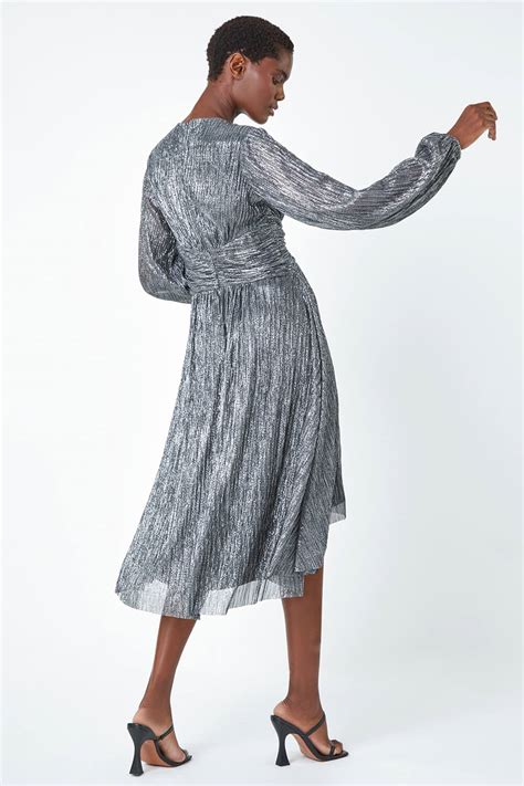 Silver Metallic Plisse Twist Front Dress Roman Uk