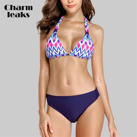Charmleaks Women Low Waist Bikini Sets Bandaged Bikini Wave Printed Swimwear Sexy Swimsuit