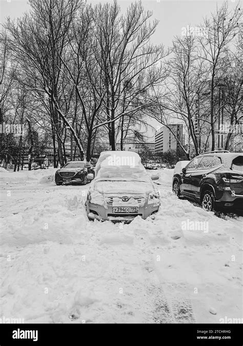 Une Toyota Couverte De Neige Dans Un Parking De Rue Photo Noir Et