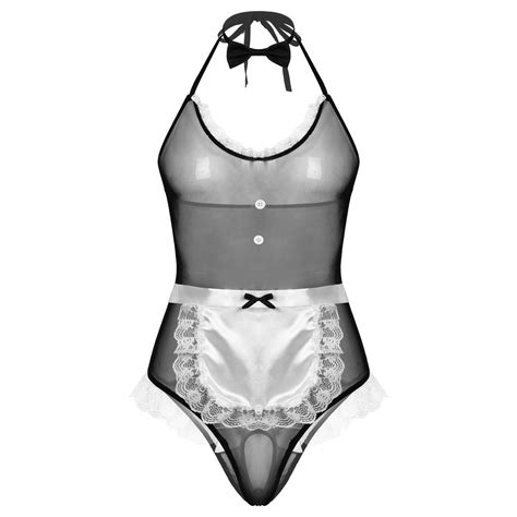 Jual Preorder Mens Lingerie Maid Costume Sexy Role Play Outfit Halter Backless Lace Trim