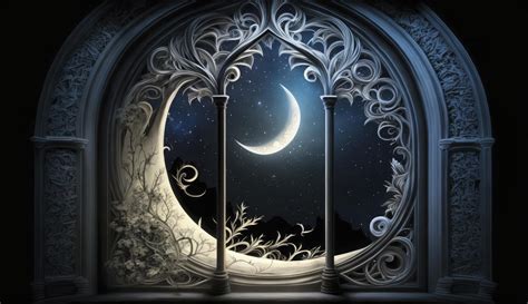 Mystical window with crescent moon in night sky, Islamic greeting Eid ...