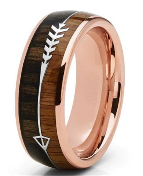 Rose Gold Tungsten Carbide Ring Hawaiian Koa Wood Arrow Inlay Etsy