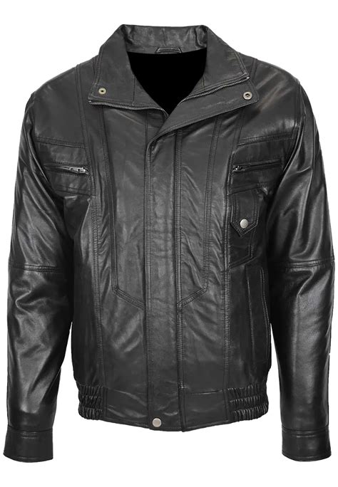 Mens Blouson Black Faux Leather Bomber Jacket