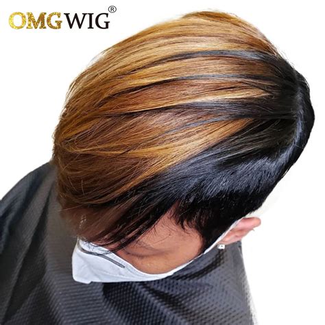 Omg Short Honey Blonde Ombre Color Brazilian Hair Bob Wig With Bangs Pixie Cut Straight Non Lace