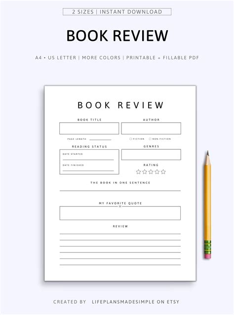 Book Review Page Printable And Fillable PDF Book Review Template