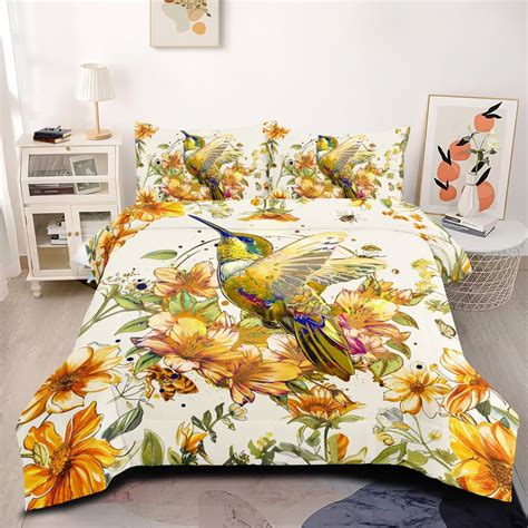 Ccoutuechen Hummingbird Flower Comforter Set Queen Size