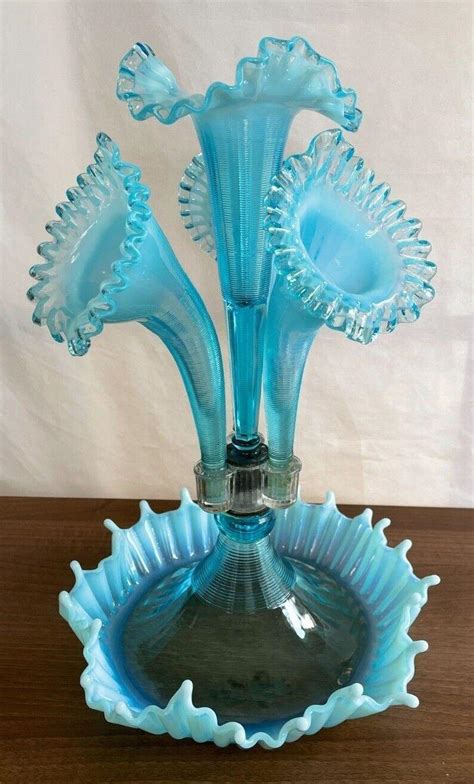 Vintage Epergne Opalescent Blue 4 Horn Epergne Ribbed And Ruffled 16