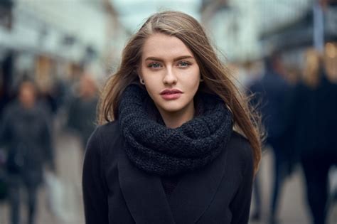 Women Model Face Portrait Scarf Black Coat Depth Of Field Blue