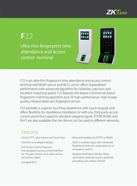 Zkteco F22id Ultra Slim Fingerprint Time Attendance And Id Card Access