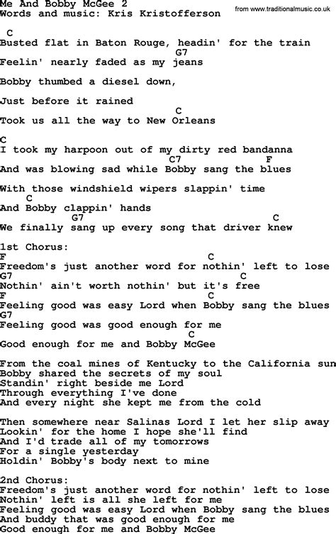 Kris Kristofferson Song Me And Bobby Mcgee Lyrics And Chords