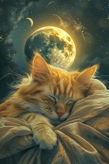 Premium Photo Dreamy Cat Nap Under A Moonlit Sky Surreal Feline Resting Peacefully With