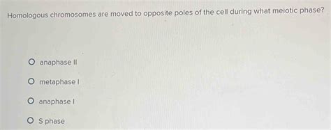 Solved: Homologous chromosomes are moved to opposite poles of the cell ... 