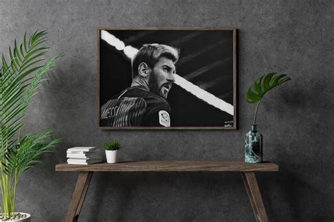 Portrait of Lionel Messi, Featuring a Hyper-realistic Charcoal Drawing Printed on High-quality ...