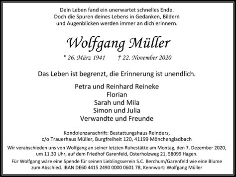 Traueranzeigen von Wolfgang Müller sich erinnern de