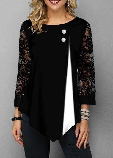 Lace Panel Asymmetric Hem Button Detail Blouse Modlily USD 27