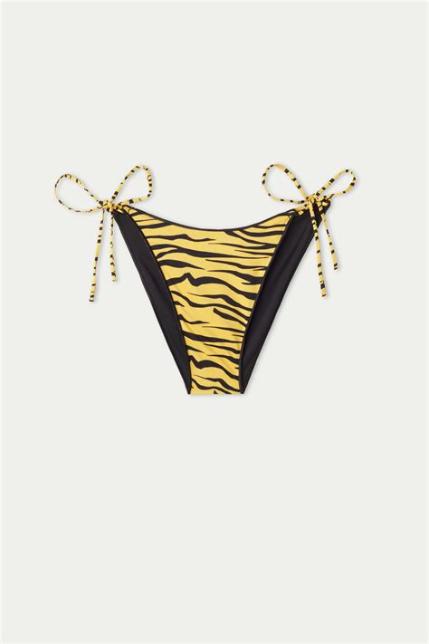 Figi od Bikini Głęboko Wycięte ze Sznureczkami Yellow Zebra Tezenis