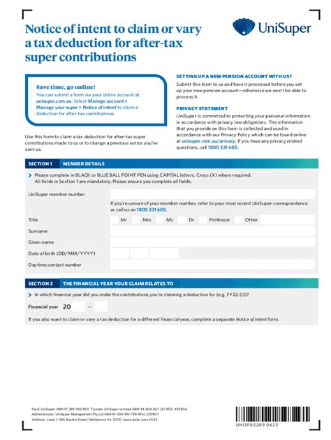 Fillable Online Notice Of Intent To Claim Or Vary A Tax Deduction For