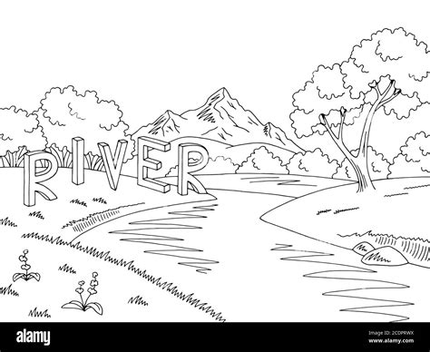 Mountain river graphic black white landscape sketch illustration vector ...