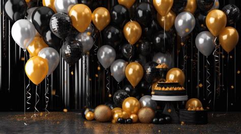 Premium Photo | A party with black and gold balloons and a cake