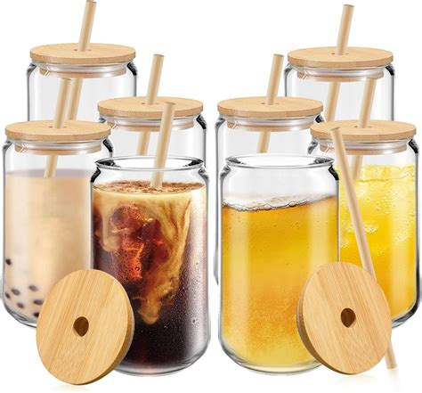 Drinking Glasses With Bamboo Lids And Bamboo Straws 8 Pack 16oz Glass Cups Iced