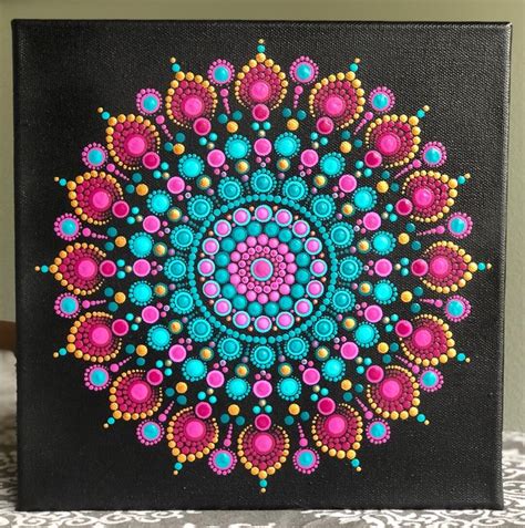 Vibrant Dot Mandala On Black Stretched Canvas 10 X 10 In Shades Of