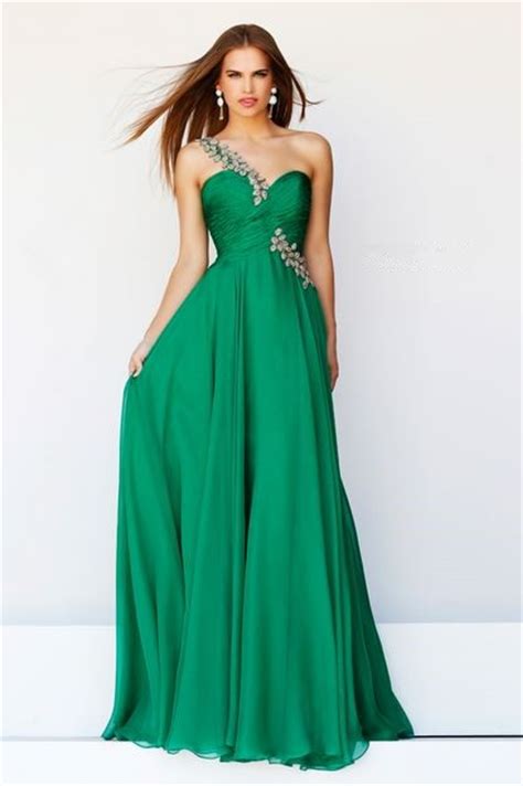 Elegant A Line One Shoulder Long Emerald Green Chiffon Prom Dress With