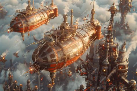 Premium Photo | Steampunk airship battle above a floating fortress