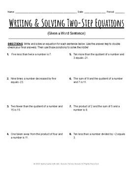 Writing Solving Two Step Equations Worksheet By Mathematics With Mrs