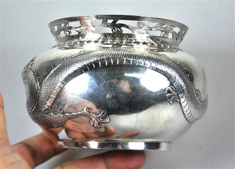 264 Grams Antique Chinese Export Solid Silver Dragon Bowl China Sing