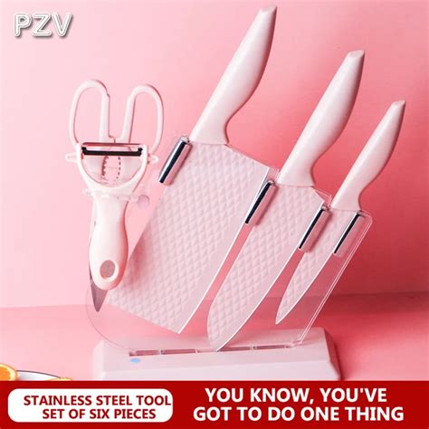 Sowoll Stainless Steel Kitchen Knives 6 Piece Set Sharp Pink Blade Abs