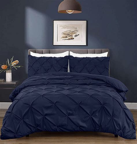 Chezmoi Collection Berlin Navy Pinch Pleat Queen Comforter Set 3 Piece Soft Pintuck