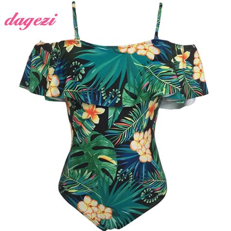 New Off Shoulder Ruffle One Piece Swimsuit Women Floral Printed