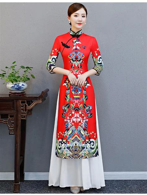 Ao Dai Vietnam Traditional Dress Red Modern Cheongsam Qipao Vietnamese