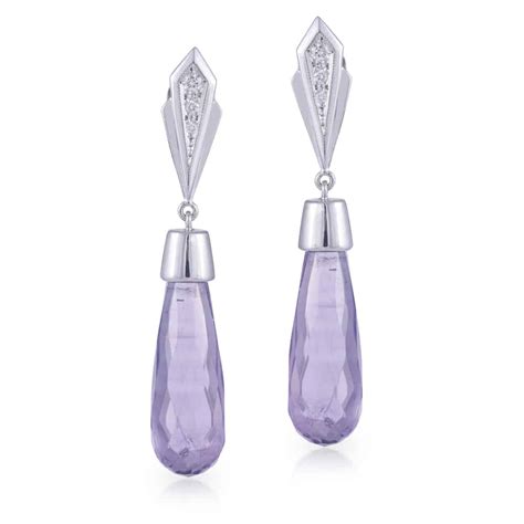 9ct White Gold Art Deco Pattern Diamond Tops With Briolette Amethyst