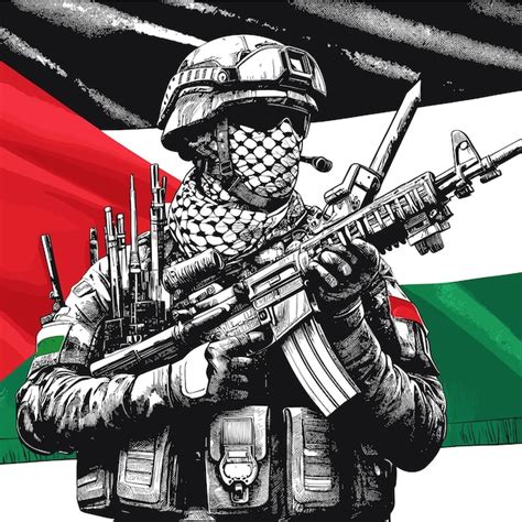 Um Soldado Est De P Uma Bandeira Da Palestina Na M O E Olha Para