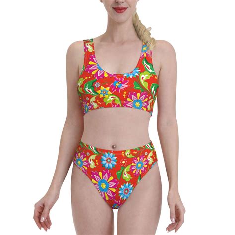 Adobk Vector Mexican Otomi Style Bright Print Women High Waisted Bikini