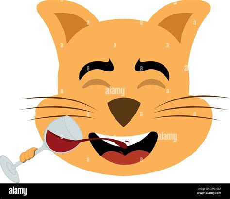 Vector Illustration Of The Face Of A Cartoon Cat Drinking A Glass Of