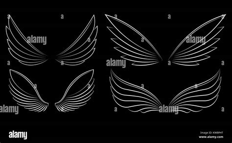 Set Of Four Pairs Outlined Stroke Vector Wings On A Black Background