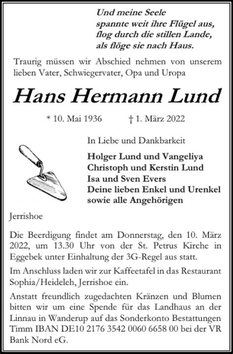 Traueranzeigen Von Hans Hermann Lund Sh Z Trauer