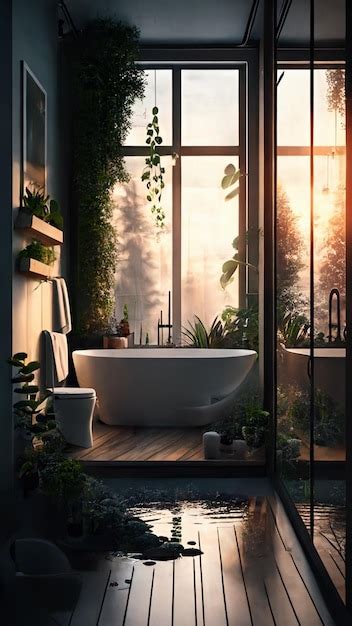 Premium AI Image | A bathroom with a bathtub and plants on the wall.